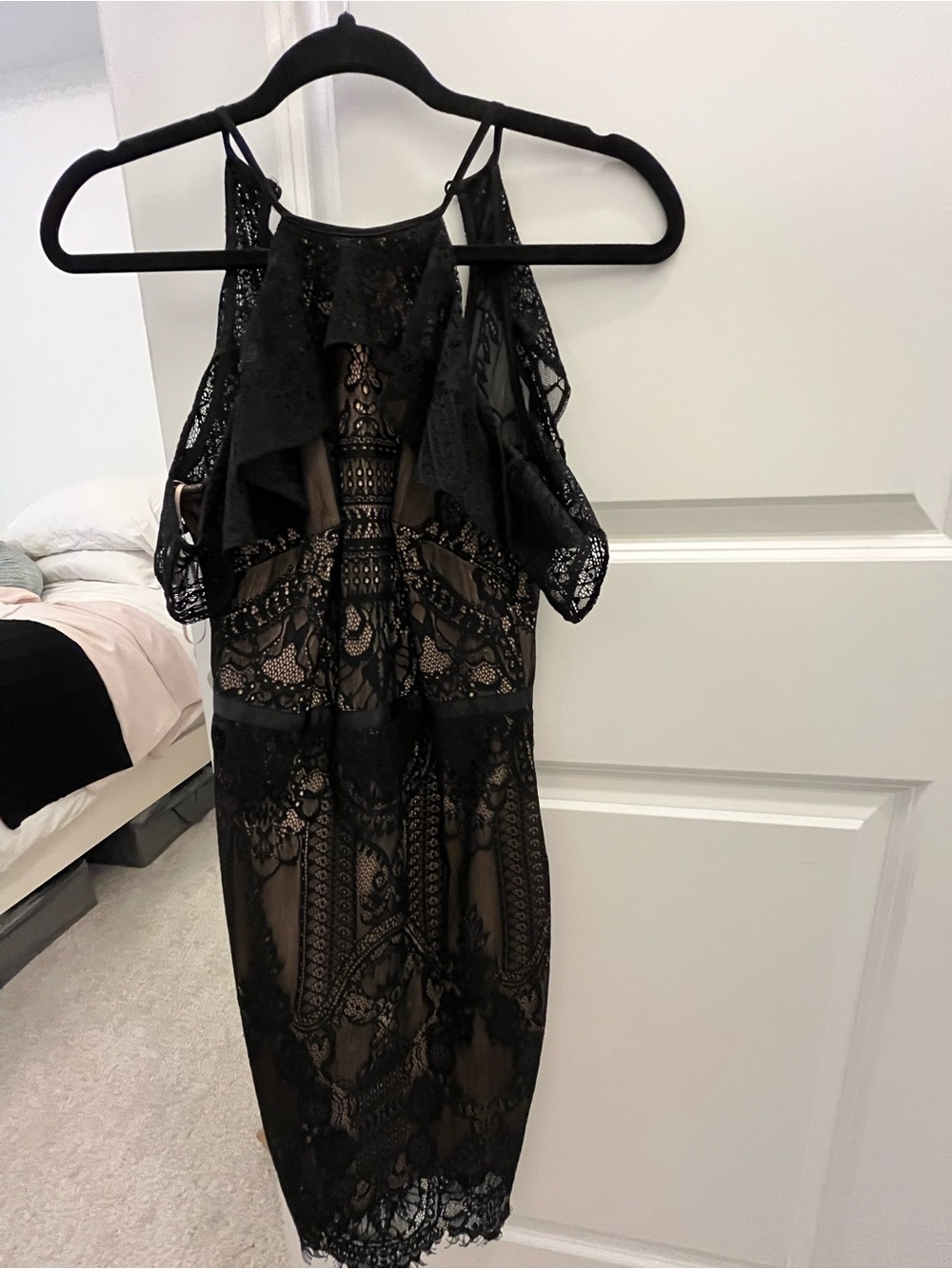 Lipsy London Black Lace Midi Dress with Nude Underlay